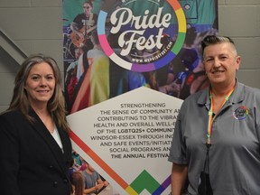 Windsor-West MPP Lisa Gretzky, left, joined Windsor-Essex Pride Fest president Wendi Nicholson Thursday, March 17, 2022, at the Pride Fest office, in announcing an $80,100 Ontario Trillium Foundation grant that helped the organization continue to offer programs and services during the COVID-19 pandemic.