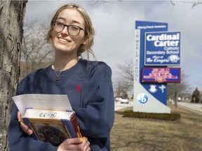 Cardinal Carter student, Ella Riccio-Durocher, who won a Hellmuth Scholarship by Huron University College - affiliated with Western University - is pictured outside Cardinal Carter in Leamington, on Monday, March 28,  2022.