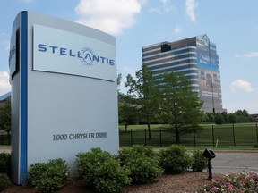 A Stellantis sign is seen outside its headquarters in Auburn Hills, Michigan, US, June 10, 2021.