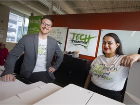 'Opportunity to shine and show off.' Adam Frye, director of operations and partnerships, and Shriaa Sheth, manager of programs and events, are shown at WETech Alliance on Friday, March 18, 2022, as they prepare for Tech Week.