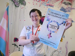 Sydney Brouillard-Coyle is shown at the Trans Wellness Ontario office in Windsor on Thursday, March 31, 2022 which is the Trans Day of Visibility.