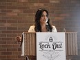 Houida Kassem, executive director of the Windsor Cancer Centre Foundation speaks on April 28, 2022 at the launch of the foundation's Lock Out Cancer campaign running throughout the month of May.