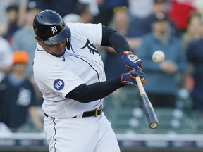 Miguel Cabrera of the Detroit Tigers singles against the Colorado Rockies during the first inning of Game Two of a doubleheader at Comerica Park on April 23, 2022, in Detroit, Michigan.