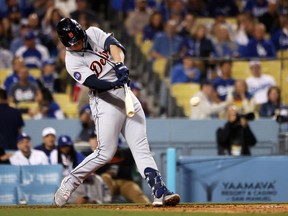 Spencer Torkelson of the Detroit Tigers hits a single during the fourth inning against the Los Angeles Dodgers at Dodger Stadium on April 29, 2022 in Los Angeles, California.