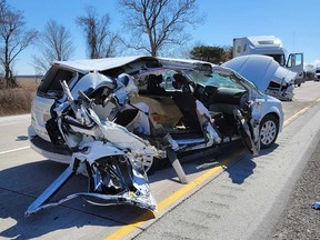 One of the vehicles involved in multi-vehicle collision on Highway 401 in the Chatham-Kent area on April 21, 2022.