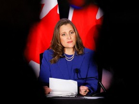 Canada's Finance Minister Chrystia Freeland holds a news conference before delivering the 2022-23 budget, in Ottawa, Ontario, Canada, April 7, 2022.
