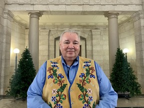 Manitoba Metis Federation President David Chartrand is pictured at the Manitoba Legislature in Winnipeg on Nov. 29, 2021 for the inaugural reading of an Indigenous land acknowledgement.