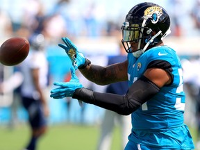 Damien Wilson of the Jacksonville Jaguars warms up prior to the game against the Tennessee Titans at TIAA Bank Field on October 10, 2021 in Jacksonville, Florida.