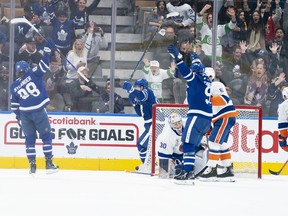 Maple Leafs' William Nylander celebrates scoring a goal during the second period against the New York Islanders at Scotiabank Arena on Sunday, April 17, 2022.