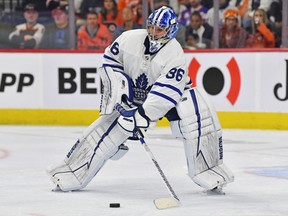 Toronto Maple Leafs goaltender Jack Campbell (36) handles the puck against the Philadelphia Flyers during the second period at Wells Fargo Center.