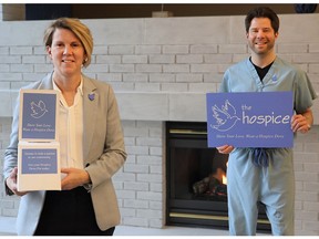 Nancy Brockenshire, Hospice Executive Director, and Dr. Stephen Rukavina are asking people to donate and proudly wear their Hospice Dove Pin. Supplied
