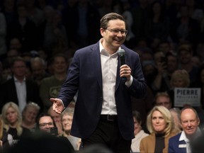 Conservative party leadership candidate Pierre Poilievre speaks to a crowd of supporters at the River Cree Resort and Casino, on the Enoch Cree Nation just west of Edmonton, April 14, 2022.