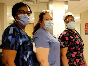 (L-R) Nurses Tyna Osula, Reija Gruber and Kandole Bahemuka pose proudly on HDGH’s Rehab Unit. SUPPLIED