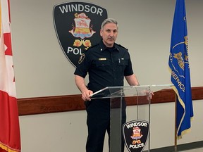 Acting Windsor Police Chief Jason Bellaire provides details during a press conference on Saturday, April 9, 2022, about an incident in which five people were shot at an east-end Windsor bowling alley earlier that day.