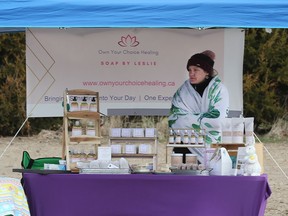The Amherstburg Farmers Market kicked off the season on Saturday, April 9, 2022 at the GL Heritage Brewery. Leslie Blais, owner of Own Your Choice Healing was bundled up on a chilly day.