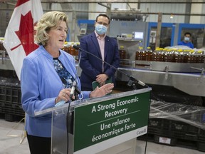 Helena Jaczek, Minister of the Federal Economic Development Agency for Southern Ontario, is joined by MPP Irek Kusmierczyk, as she makes a funding announcement to Dimachem Inc., Thursday, April 21, 2022.