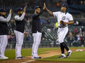 Detroit Tigers starting pitcher Gregory Soto (65) celebrates with teammates after the game against the Boston Red Sox at Comerica Park.