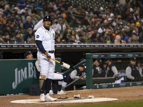 Detroit Tigers designated hitter Miguel Cabrera waits for his turn to bat during the seventh inning against the New York Yankees at Comerica Park.