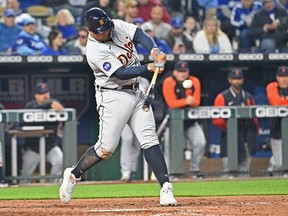 Detroit Tigers designated hitter Miguel Cabrera singles during the fourth inning against the Kansas City Royals at Kauffman Stadium.