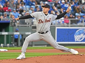 Detroit Tigers starting pitcher Tarik Skubal delivers a pitch during the first inning against the Kansas City Royals at Kauffman Stadium.