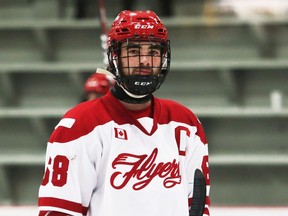 Leamington Flyers' defenceman and captain Colton O'Brien (68) phas been a steadying force on a young team.
