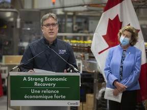Andrew Conway, Vice President of Dimachem Inc., speaks during a press event after Minister Helena Jaczek made a funding announcement at the manufacturing plant, Thursday, April 21, 2022.