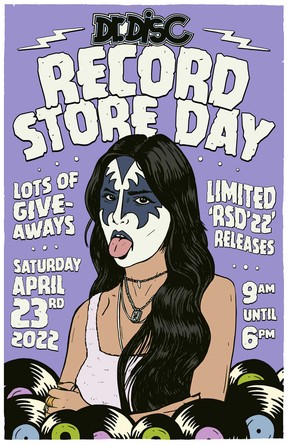 The poster created by Greg Maxwell to promote Record Store Day at Dr. Disc Records in Windsor, 471 Ouellette Avenue, April 23, 2022.
