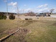 Vehicle marks on grass at the scene of a collision at County Road 46 and County Road 25 in Essex County. Photographed April 7, 2022. OPP said two vehicles collided during the late-night hours of April 6.