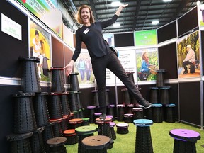 Irene Constantin displays cyclone seats at the 38th annual Windsor Home and Garden Show at the Central Park Athletics on Friday, April 29, 2022.