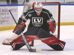 LASALLE, ONTARIO. APRIL 3, 2022 - LaSalle Vipers goalie Matthew Sbrocca is shown on Sunday, April 3, 2022 during a game at the Vollmer Culture and Recreation Complex.