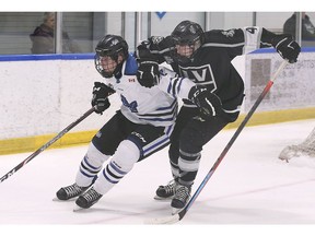 Riley Wood, left, of the London Nationals, and LaSalle Vipers' defenceman Shaun Horne tangle during Sunday's game at the Vollmer Complex.