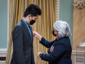 Her Excellency the Right Honourable Mary Simon, Governor General of Canada, presents the Sovereign's Medal for Volunteers to Karl Zhu  on 21 Apr 2022, at Rideau Hall. Recipients will be recognized for their exceptional dedication to community service. It is the highest honour for volunteer service that an individual can receive within the Canadian Honours System.