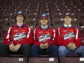 Windsor Spitfire top three draft picks, from left, A.J. Spellacy, Anthony Cristoforo, and Liam Greentree, are pictured at the WFCU Centre, were in town Saturday to take in the team's playoff game.