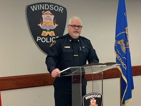 Windsor Police Supt. Jason Crowley provides details during a press conference on Saturday, April 9, 2022, about an incident in which five people were shot at an east-end Windsor bowling alley earlier that day.