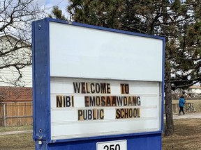 A Brampton school formerly named after Sir John A. Macdonald has now been renamed Nibi Emosaawdang Public School as seen here on its sign on March 31, 2022.