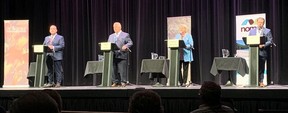 Ontario's four major party leaders are shown debating on May 10, 2022, at North Bay's Capitol Centre.  Ontario Liberal leader Steven Del Duca, left, Progressive Conservative leader Doug Ford, NDP leader Andrea Horwath and Green Party leader Mike Schreiner.