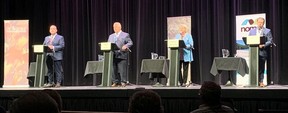 Ontario's four major party leaders are shown debating on May 10, 2022, at North Bay's Capitol Centre. Ontario Liberal leader Steven Del Duca, left, Progressive Conservative leader Doug Ford, NDP leader Andrea Horwath and Green Party leader Mike Schreiner.