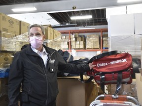 Chris Grant, deputy chief of planning and resources for Essex-Windsor EMS, said excess medical supplies, including 35 medical bags bearing the Essex-Windsor name, will be donated to medical personnel working in Ukraine through GlobalMedic. The supplies donated on Wednesday, May 18, 2022 were all decommissioned and not in use by local paramedics.