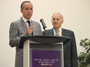 Hotel-Dieu Grace Healthcare CEO Bill Marra (left) thanked John Viecelli (right) and family for the second of two $100,000 donations made to the hospital on Friday, May 20, 2022.