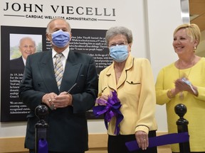 John Viecelli (left), who built his construction business in Southwestern Ontario, with wife Lia (middle) and daughter Nancy Travenetti (right) at H™tel-Dieu Grace Healthcare on Friday, May 20, 2022. Viecelli donated $100,000, for which the hospital dedicated a space in his honour.