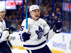 Ilya Mikheyev of the Toronto Maple Leafs celebrates an empty-net goal.