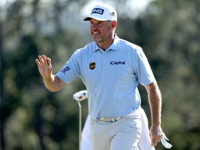 Lee Westwood of England reacts after making birdie on the 18th green during the final round of the Masters at Augusta National Golf Club on April 10, 2022 in Augusta, Georgia.