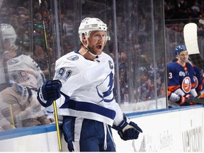 Steven Stamkos of the Tampa Bay Lightning celebrates his goal at 11:13 of the third period against the New York Islanders at UBS Arena on April 29, 2022 in Elmont, New York.