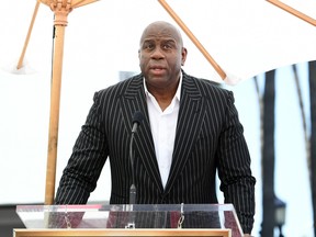 Magic Johnson speaks during a ceremony honouring Judge Greg Mathis with a star on the Hollywood Walk of Fame on May 4, 2022 in Hollywood.