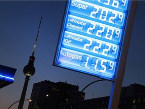 A sign displays prices for diesel and gasoline at a gas station in Berlin, Germany, on May 5, 2022.