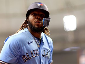 Vladimir Guerrero Jr. of the Toronto Blue Jays looks on during a game against the Tampa Bay Rays at Tropicana Field on Friday night. The Jays lost 5-2.