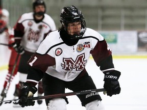 Chatham Maroons' Noah Szabo plays against the Leamington Flyers at Chatham Memorial Arena in Chatham, Ont., on Saturday, Oct. 9, 2021. Mark Malone/Chatham Daily News/Postmedia Network