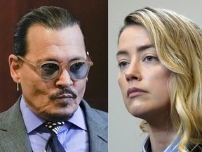 This combination of two separate photos shows actors Johnny Depp, and Amber Heard in the courtroom at the Fairfax County Circuit Court in Fairfax, Va., on May 4, 2022.