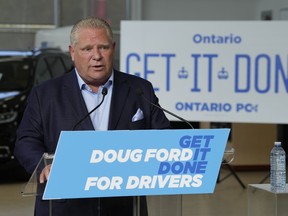 Ontario Premier Doug Ford speaks at a campaign event in Pickering Wednesday, May 5, 2022.