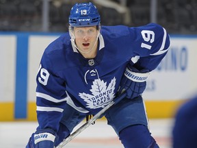 Jason Spezza of the Toronto Maple Leafs waits for a puck drop against the Ottawa Senators during an NHL game at Scotiabank Arena on Jan. 1, 2022 in Toronto.